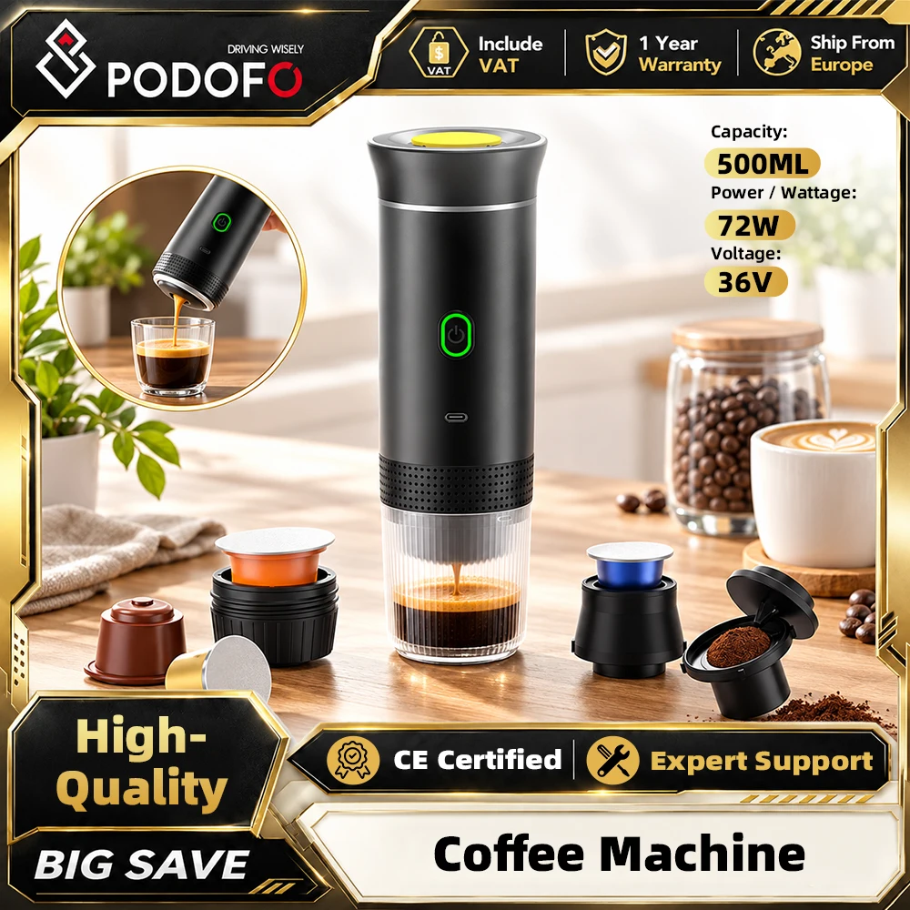 Podofo Macchina da Caffè Portatile 3-in-1, Elettrica Senza Fili con Riscaldamento Automatico, per Capsule e Cialde, Espresso per Auto, Casa, Ufficio, 
