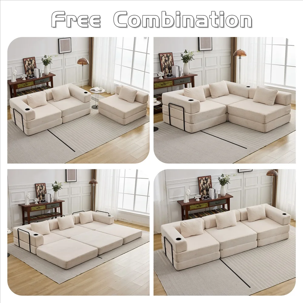 Cord-Modulsofa Frei Kombinierbare Wandelbare Eckcouch mit Getränkehaltern Übergroße Chaiselongue für Wohnzimmer – Detail 19