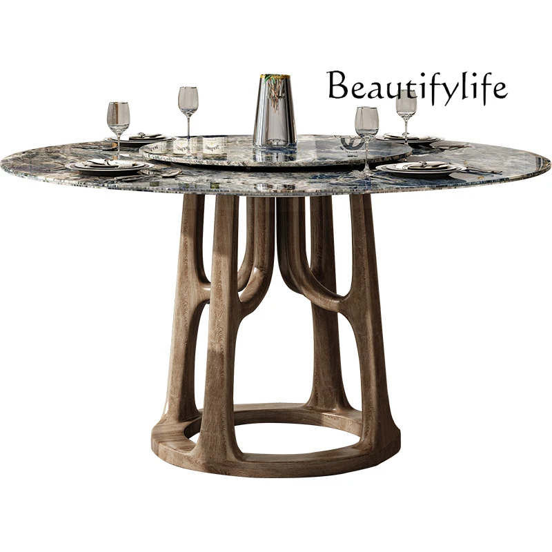 

Luxury stone natural marble turntable modern simple round household dining table and chair combination round dining table