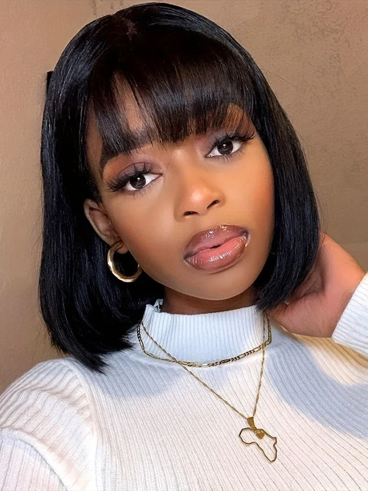 

Straight Bob Wigs With Bangs Brazilian Human Hair Wig Full Machine Made Bob Wigs Short Glueless Wigs Human Hair for Women Choice