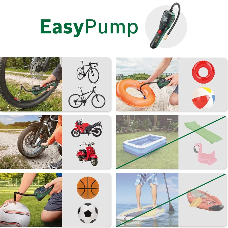 BOSCH EasyPump pompa ad aria compressa senza fili gonfiaggio pratico compatto 10.3 bar MAX misurazione automatica funzione di arresto pompa ad aria