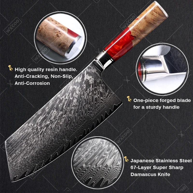 WXCOO Slicing Knife Japanese Cleaver Knife Damascus Steel Kitchen Slice Knives for Meat Vegetable Cutting Knife Kitchen Tool