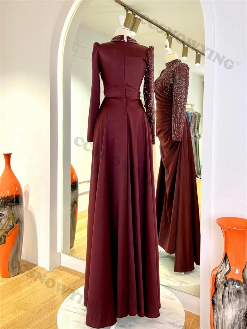 Fashion Long Sleeve Muslim Evening Dresses Appliques Beaded Islamic Formal Party Gowns High Neck Women Arabic Robes De Soirée