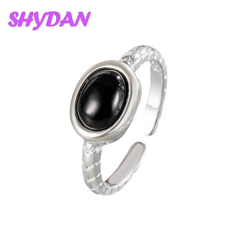 SHYDAN 925 Sterling Silver White Jade Opening Adjustable Ring For Women Girls Fashion Jewelry