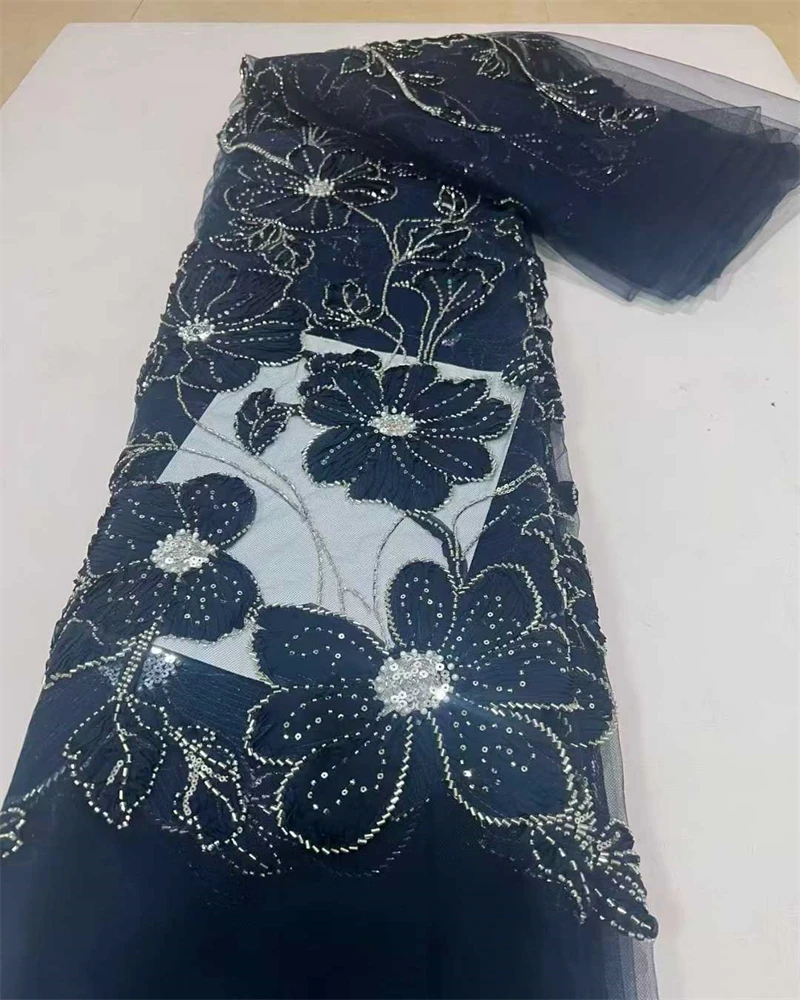 2025Hot Sale Exquisite Design Nigeria Handmade Embroidery Sequins Net Lace With Bead Top Quality For Party Evening Dress