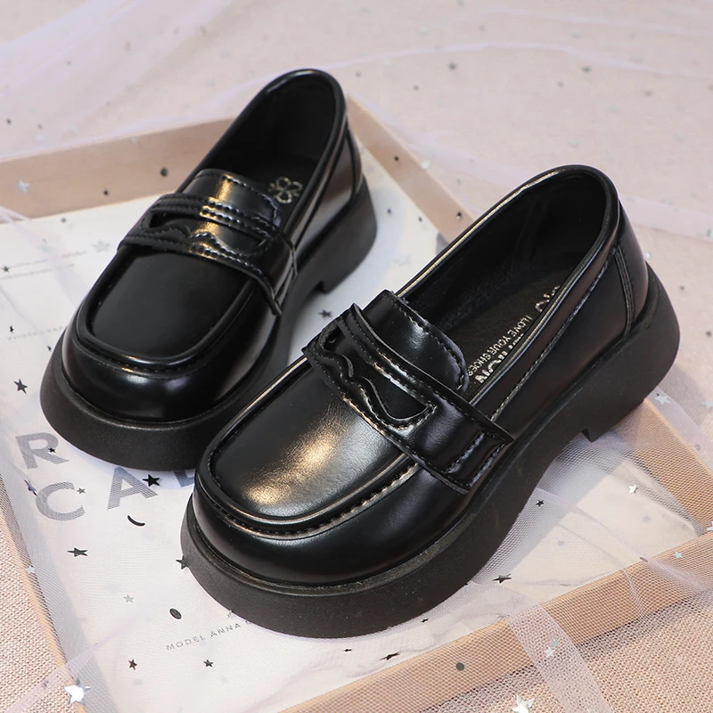 2023 New Kids Loafers Shallow Girls Versatile Black Uniform School Shoes Non-slip Children Fashion Leather Shoes for Boys Flat