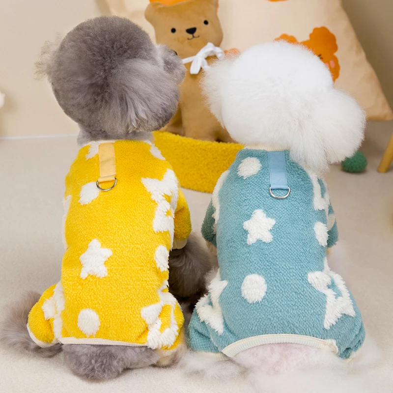 Thickened Fleece Dog Pajamas Winter Star Pattern Blue Yellow Cardigan 4-Legs Coat Jumpsuit For Small Dogs Yorkie Pet Overalls XL