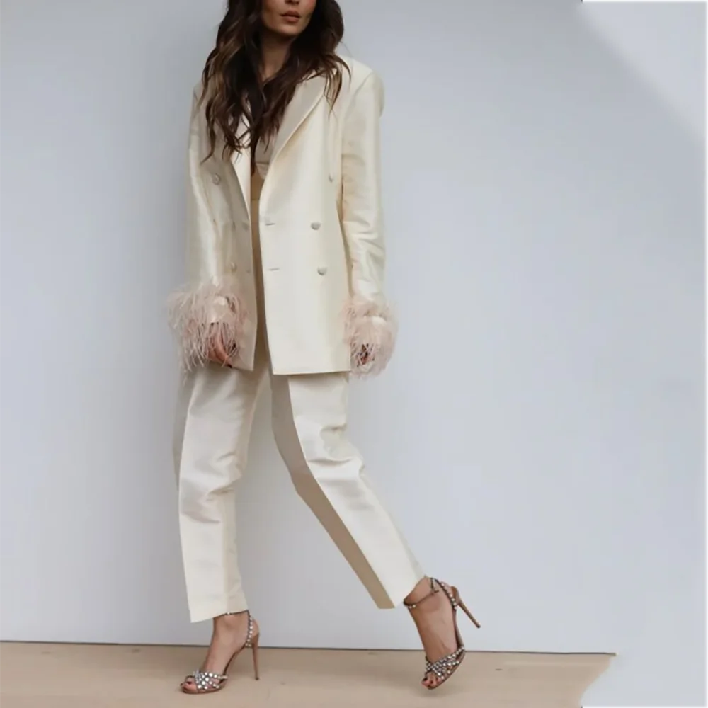 Luxury Feather Women's Suit Classic Design Double Breasted Ankle Length Elegant Outfit Two Pieces Formal Party Female Set