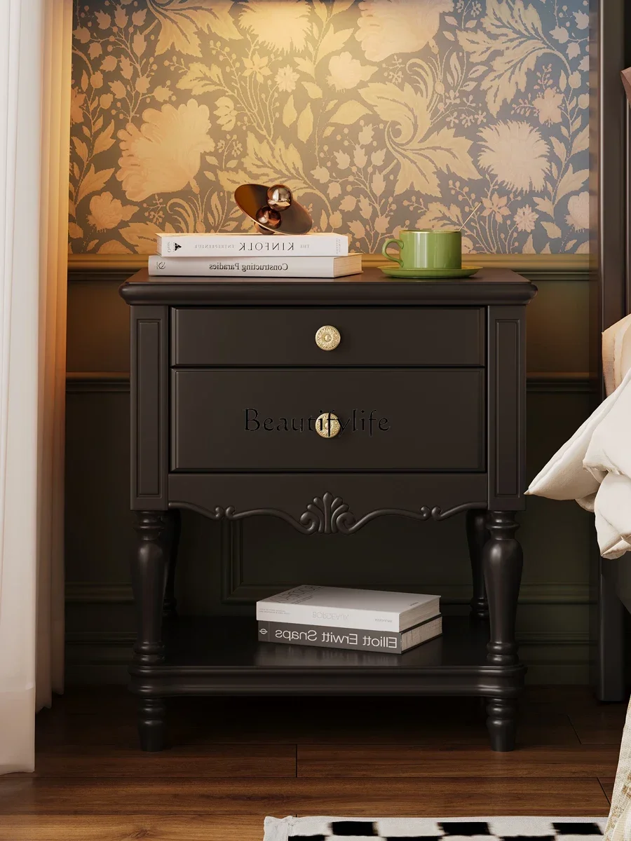 

02 French Retro Bedside Table Solid Wood Small Storage Black Cabinet