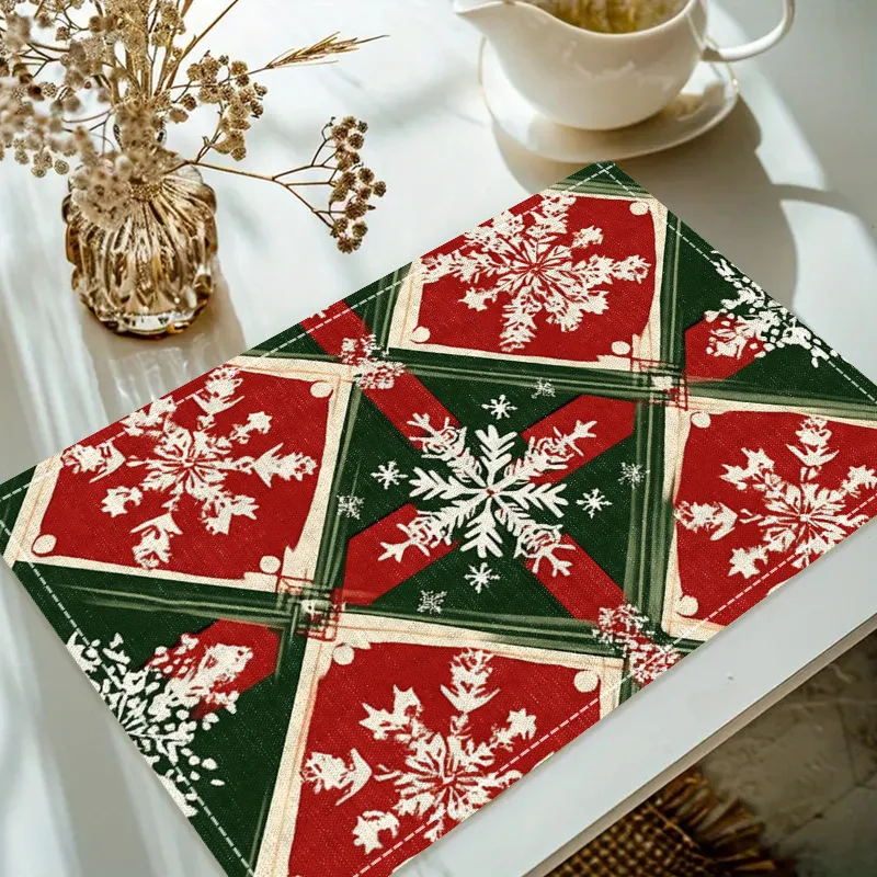 Weihnachts-Tischset aus Leinen, Tisch- und Kaffeematte, goldfarben, Rentier, Baum, Schneemann, Weihnachtsmann, Schneeflocke, rot, grün gestreift, dekorative Tischset