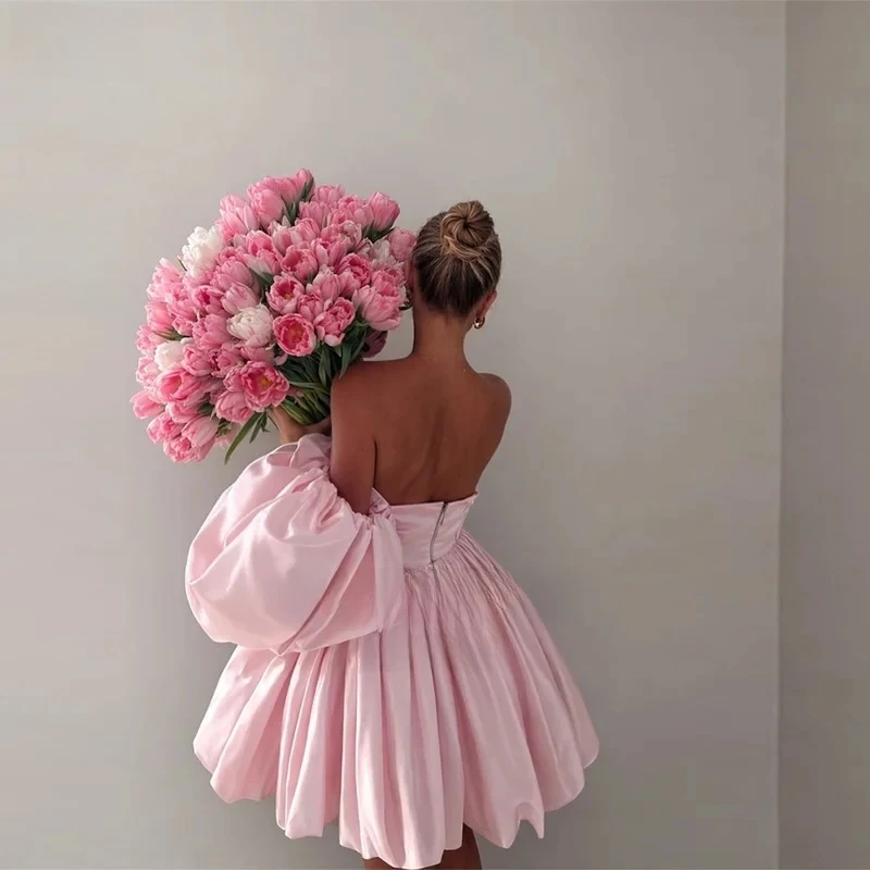 

2026 Pink Satin Prom Dress Vestidos De Fiesta Elegantes Short Robe De Soirée Femme Voluminous Puff Sleeves Party Gown Customized