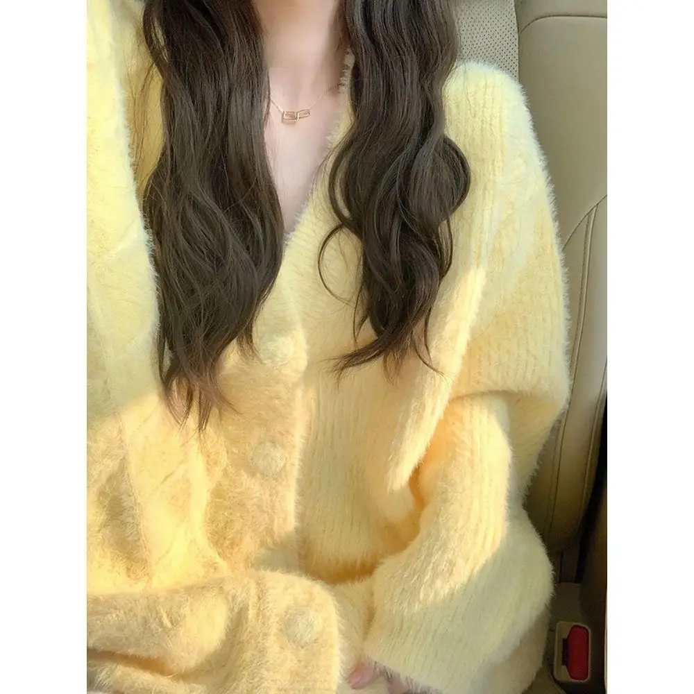 plus Size Lazy Knitted Sweater Yellow Loose Cardigan V-Neck Long Sleeve Thickened Autumn Winter Outerwear for  Shaped Women