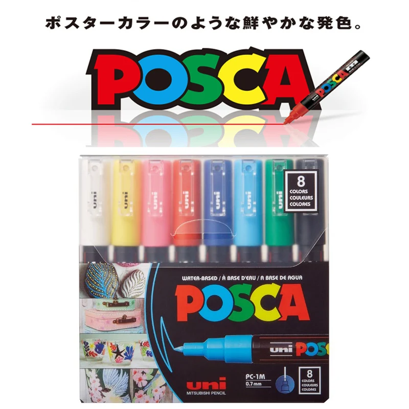 Uni POSCA Acrylic Marker Pens PC-1M 3M 5M 8 Colors Classic Colour Paint Water Based Graffiti Drawing plumones For Rock Ceramic