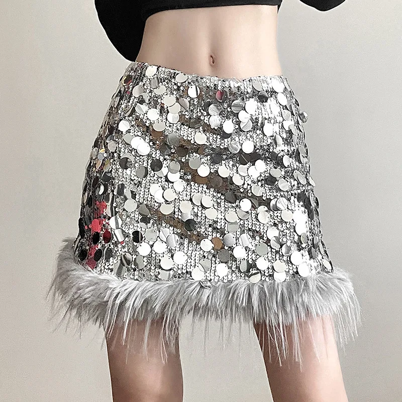 

Мода 2023, осенняя новая женская одежда, сверкающая полуюбка трапециевидной формы с высокой талией и обертыванием бедер Spicy Girl Street Design Sense