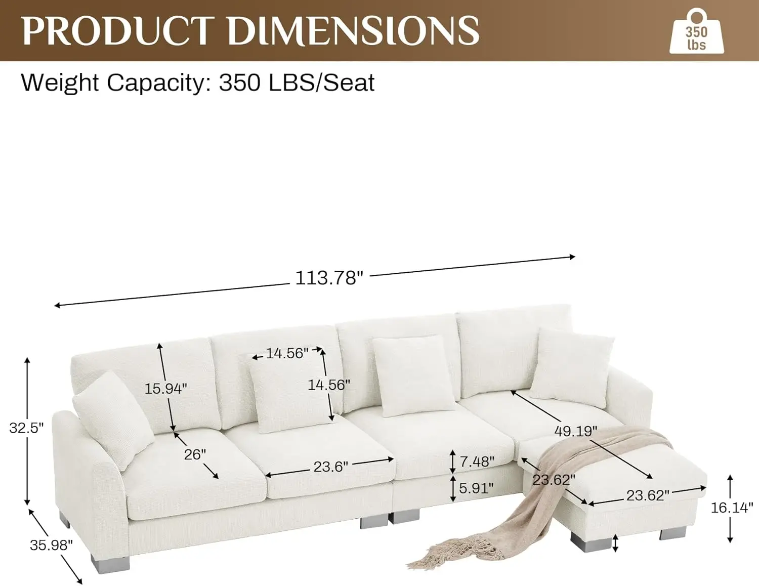 Oversized L Shaped Sectional Sofa Couch, 113