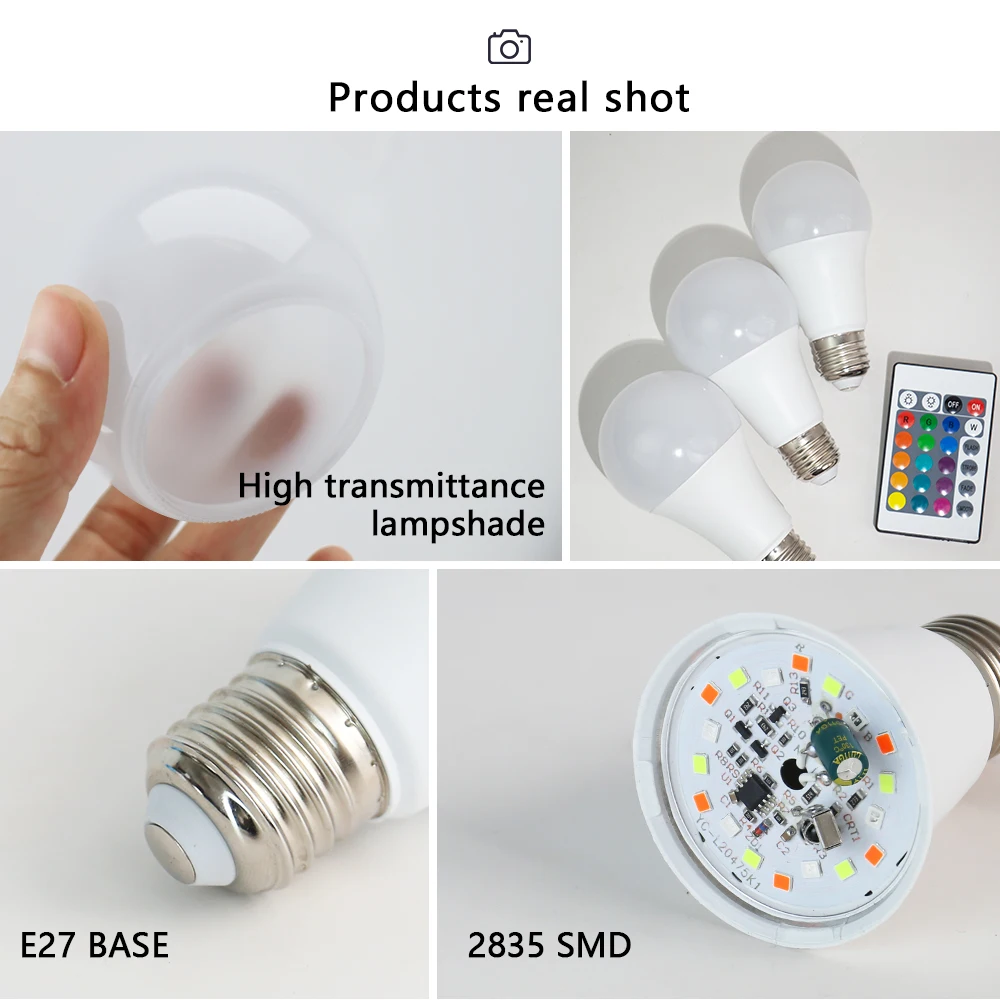 Bombilla inteligente RGB E27, lámpara LED colorida, 5W, 10W, 15W, 220V, 16 colores, regulable, 24 teclas, Control remoto, luz de neón