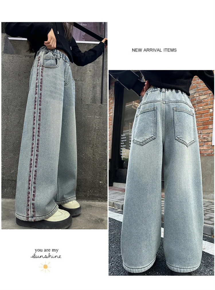 Winter-Thermo-Jeanshosen für Mädchen, lässiger Stil, gerade geschnitten, locker, dick, mit Fleece gefüttert, warme Denim-Hosen für Kinder. – Detail 3