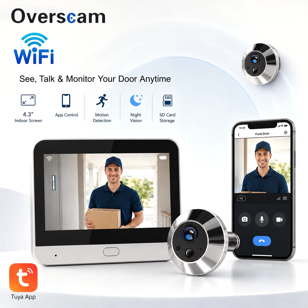 5MP WiFi Smart Peephole Door Camera 4.3 Inch Screen Tuya Smart Motion Detection Night Vision SD Card Remote Access Home Security