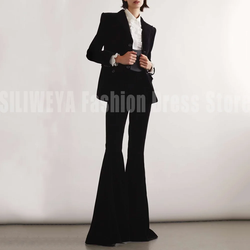 Luxury Black Women's Suit 2 Pieces Set High-end Formal Office Lady Chic Outfits Jacket Slim Flared Trousers Conjuntos Femininos