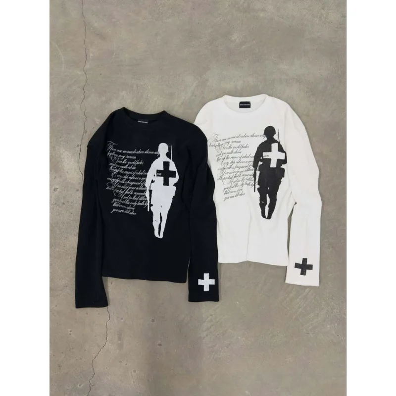 2026 New Arrival Women Y2K Black Soldier & Cross Print Long Sleeve Tee Waffle Knit Oversized Top