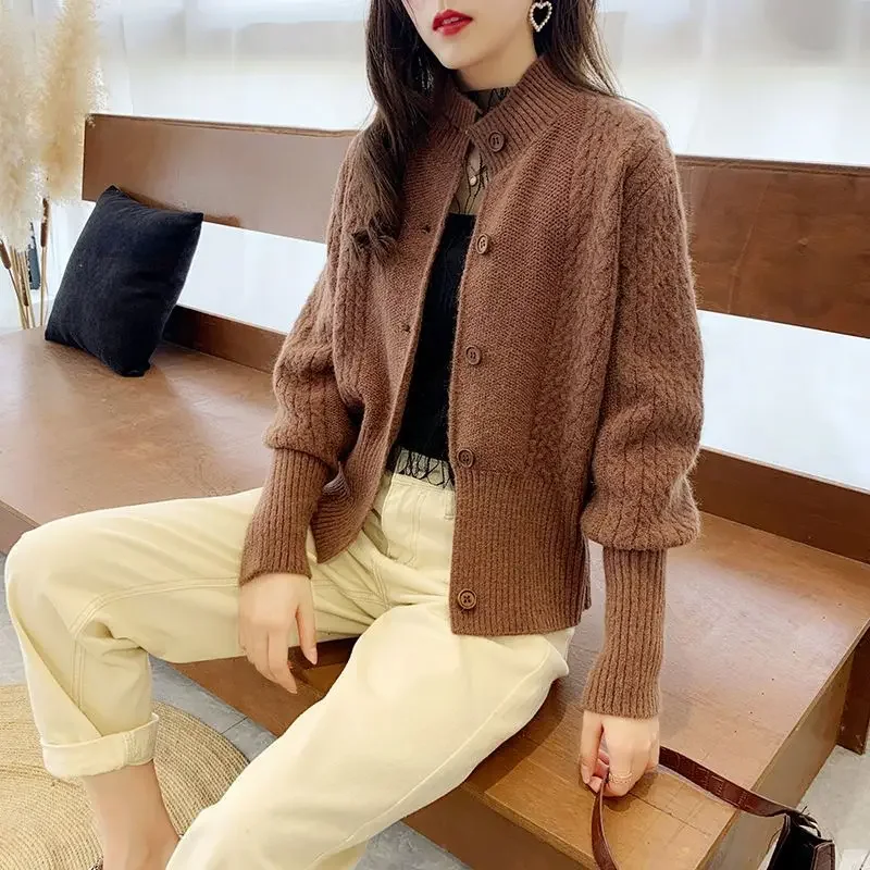 Autumn Winter Women\'s Cardigan Solid Long Sleeve Screw Thread Button Knitted Slim Fashion Stand Collar Sweater Coat for Female