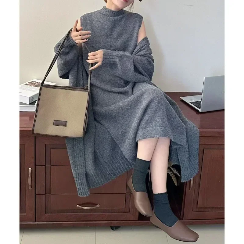 Suéter informal para mujer, conjunto de dos piezas, versión coreana de otoño e invierno, chaleco de cuello alto, falda, cárdigan de punto holgado, 2024