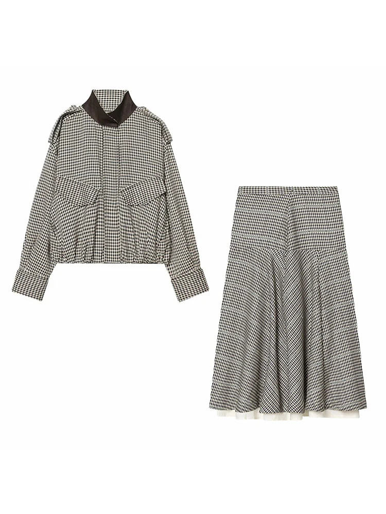 Women Spring Skirt Suit Elegant Women Single Breasted Plaid Pilot Jacket+Side Zipper Splicing Pleated Midi Dress Lady Suit image 3