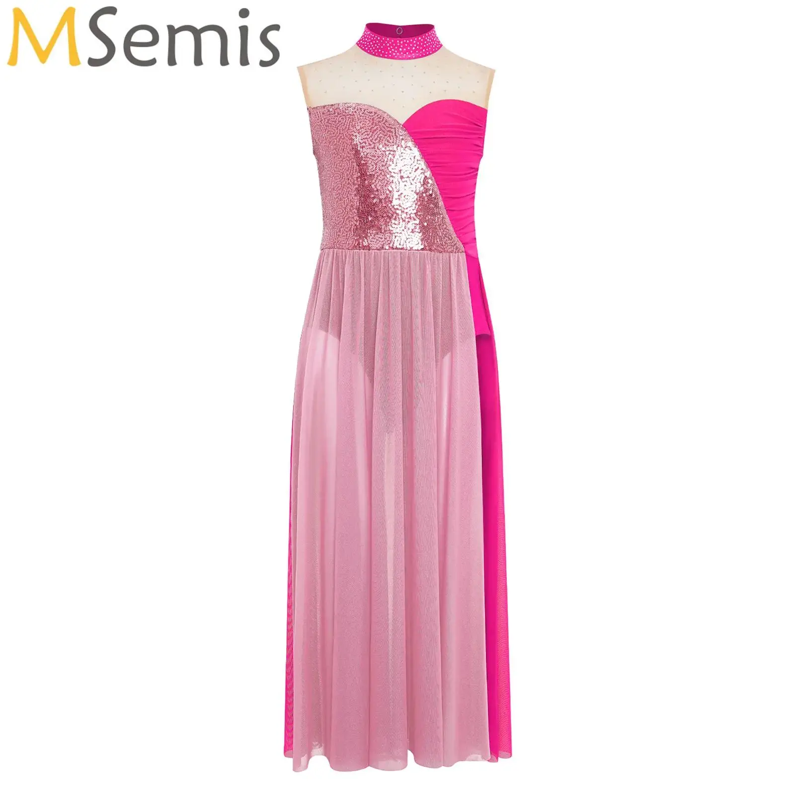 

Kids Girls Contemporary Lyrical Dance Dresses Sleeveless Cutout Back Side Split Mesh Dress Ballet Ballroom Performance Dancewear