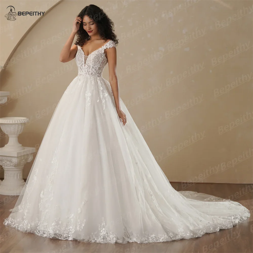 Bepeithy personalizado decote em v mangas princesa vestidos de casamento para as mulheres 2025 primavera rendas boho vestido de noiva novias