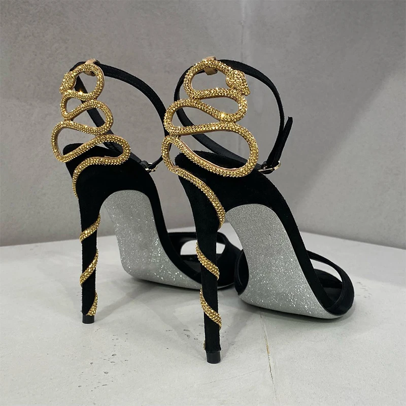 Snake Wrap Ladies Sandals Black Stiletto Heel Ankle Strap Open Sandals Shallow One Word Belt Summer Fashion Luxury Sandals