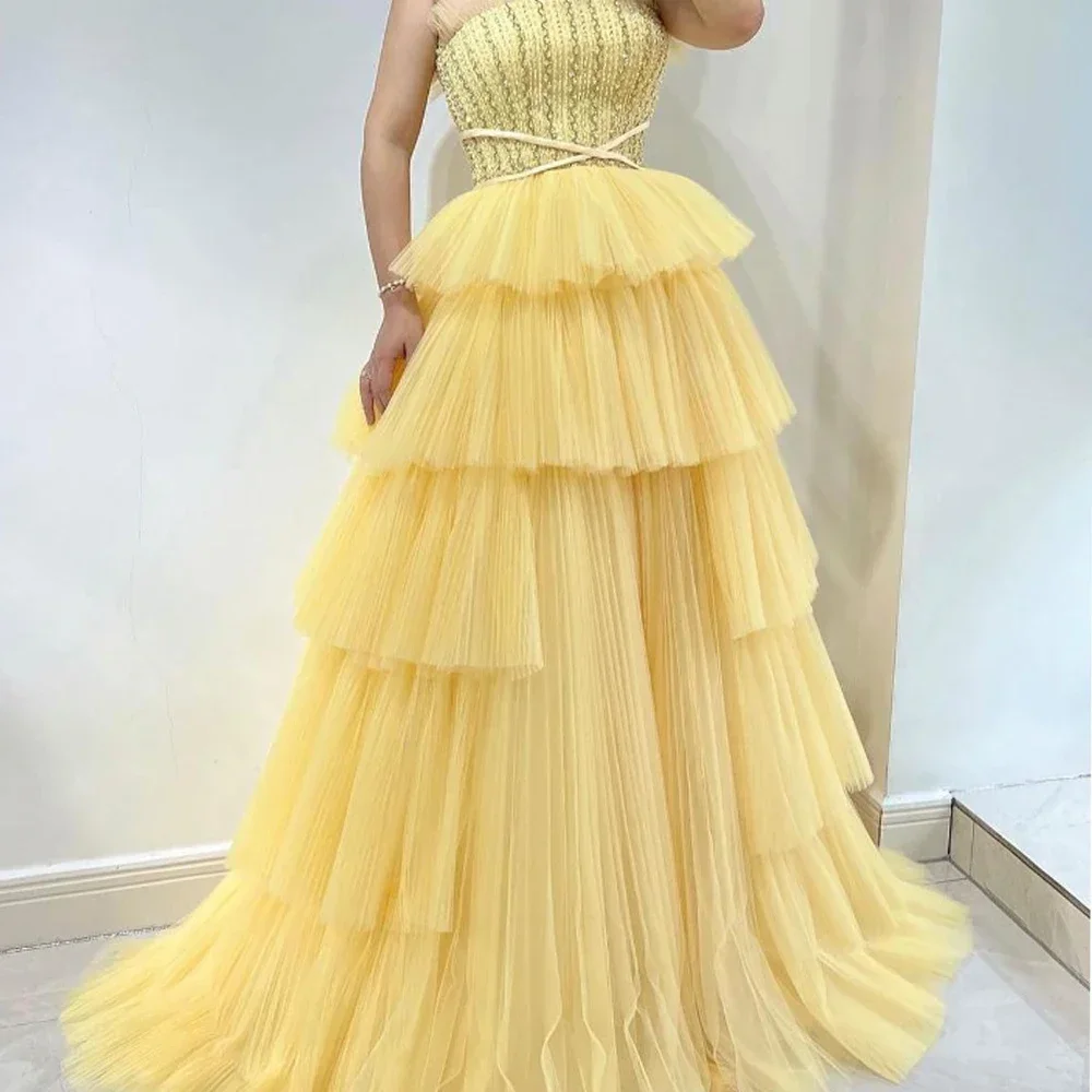 Customized Elegant Classic Fashion Net Criss-Cross Pattern Tiered Ball Strapless Long Dresses Party Dresses High Quality Casual