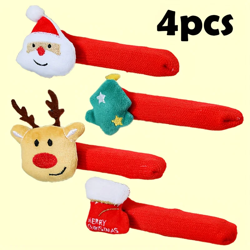 4pcs Christmas Door Handle Decorations Set with Bell- Tips & Detachable Ornaments (Santa, Reindeer, Tree, Stocking)Cabinet Decor
