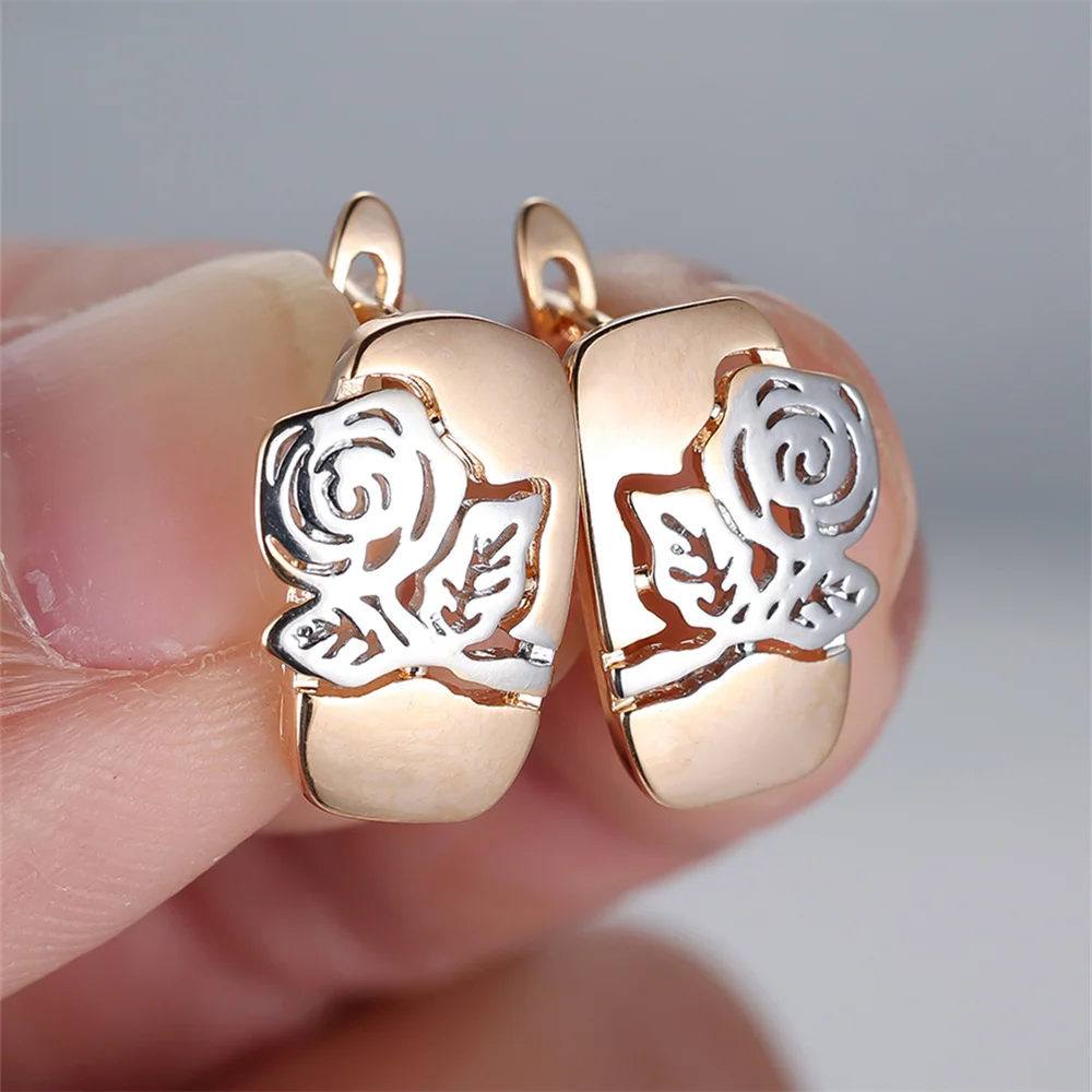 Minimalist Trendy Silver Color Rose Flower Hoop Earrings For Women Vintage Gold Ear Buckle Wedding Engagement Jewelry