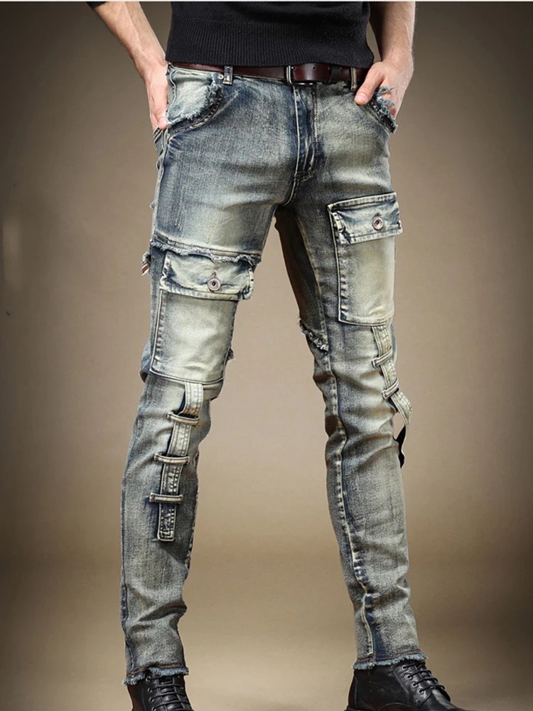 2023 Fashion Jeans men\'s Personality Multi-Pocket Trend Slim Fit Pants Elastic Streetwear Boyfriend Biker Man Straight Trousers