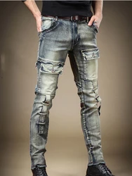 Jeans de personnalité multi-poches pour hommes, pantalons ajustés, streetwear élastique, tendance de la mode, petit ami, motard, FJM droit, 2023