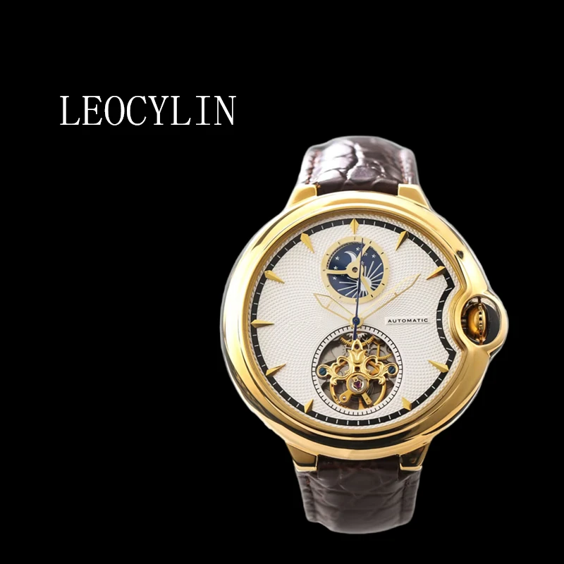 LEOCYLIN fashion Automatic mechanical watch waterproof phase moon Tourbillon Wristwatch sapphire for men Relogio Masculino