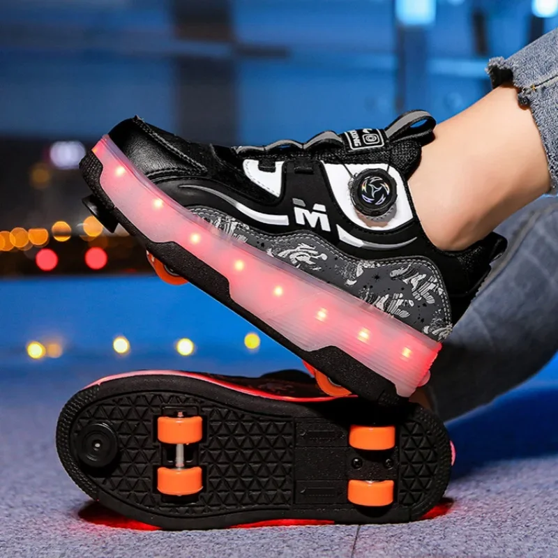 Sapatos de caminhada com luz led para crianças, fileira dupla, quatro rodas, patins de gelo, calçados unissex para crianças