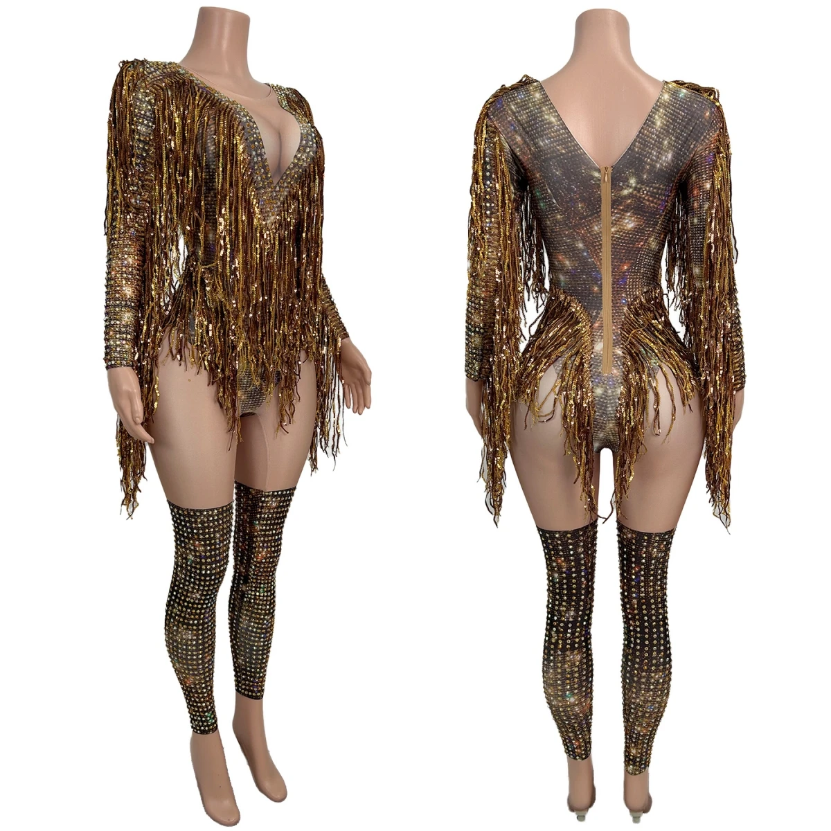 Sexy Streamer Tassel Mesh Tight Fitting Jumpsuit gig Party Dance Outfit Club Show Carnival Drag Queen Performer Wear Liujinyicao