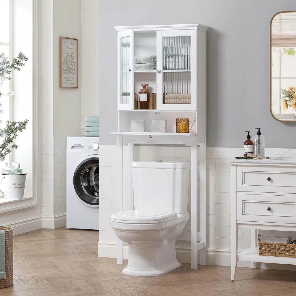 خزانة تخزين فوق المرحاض مع مكعب مائل وأبواب زجاجية مورو قابلة للتعديل، منظم حمام لحلول توفير المساحة