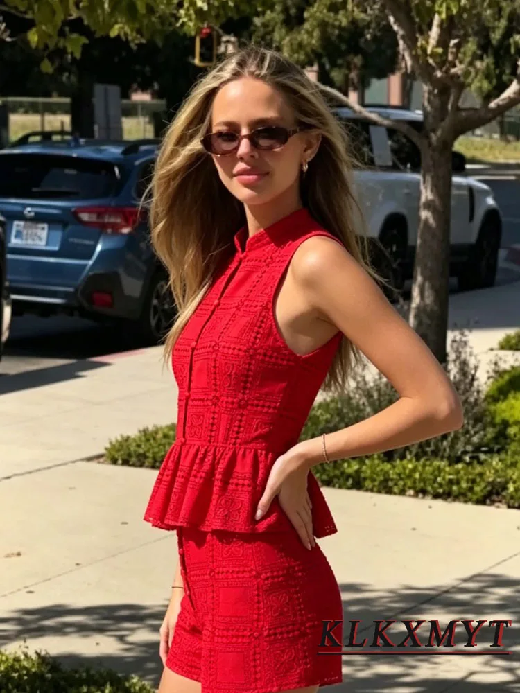 Women Elegant Knit Embroidery Hollowed-Out 2 Pieces Sets New Fashion Office Wrinkled Hem Vest Top+Short Two Piece Set Red Outfit image 5