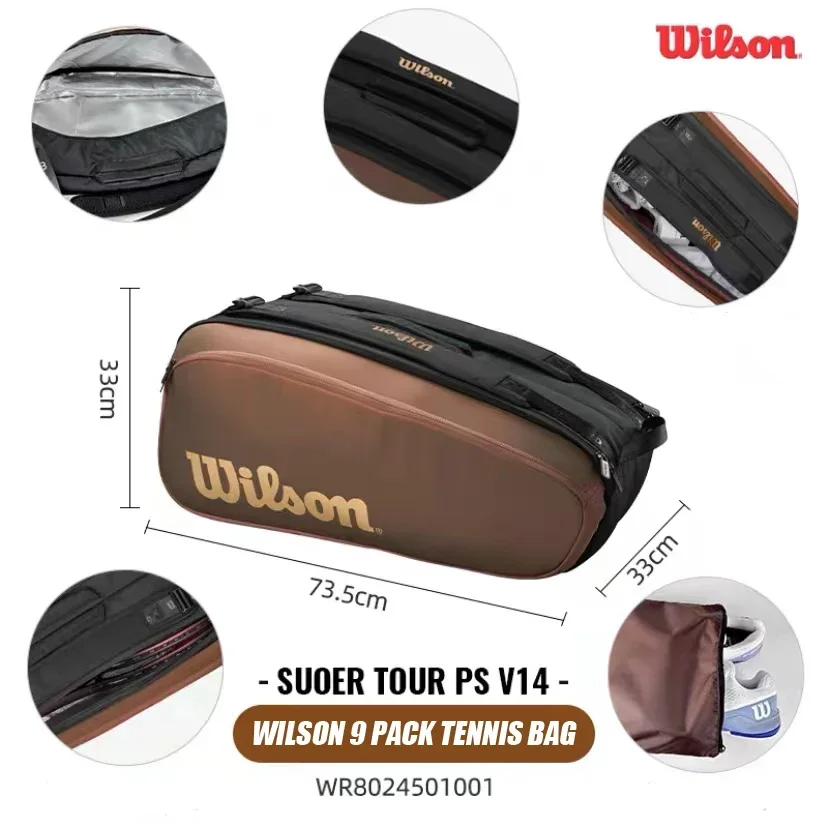 WILSON 2024 Pro Staff V14 Super Tour Brown Tennis Racket Backpack Large 9 Pack Tennis Bag With Thermoguard Racket Compartment