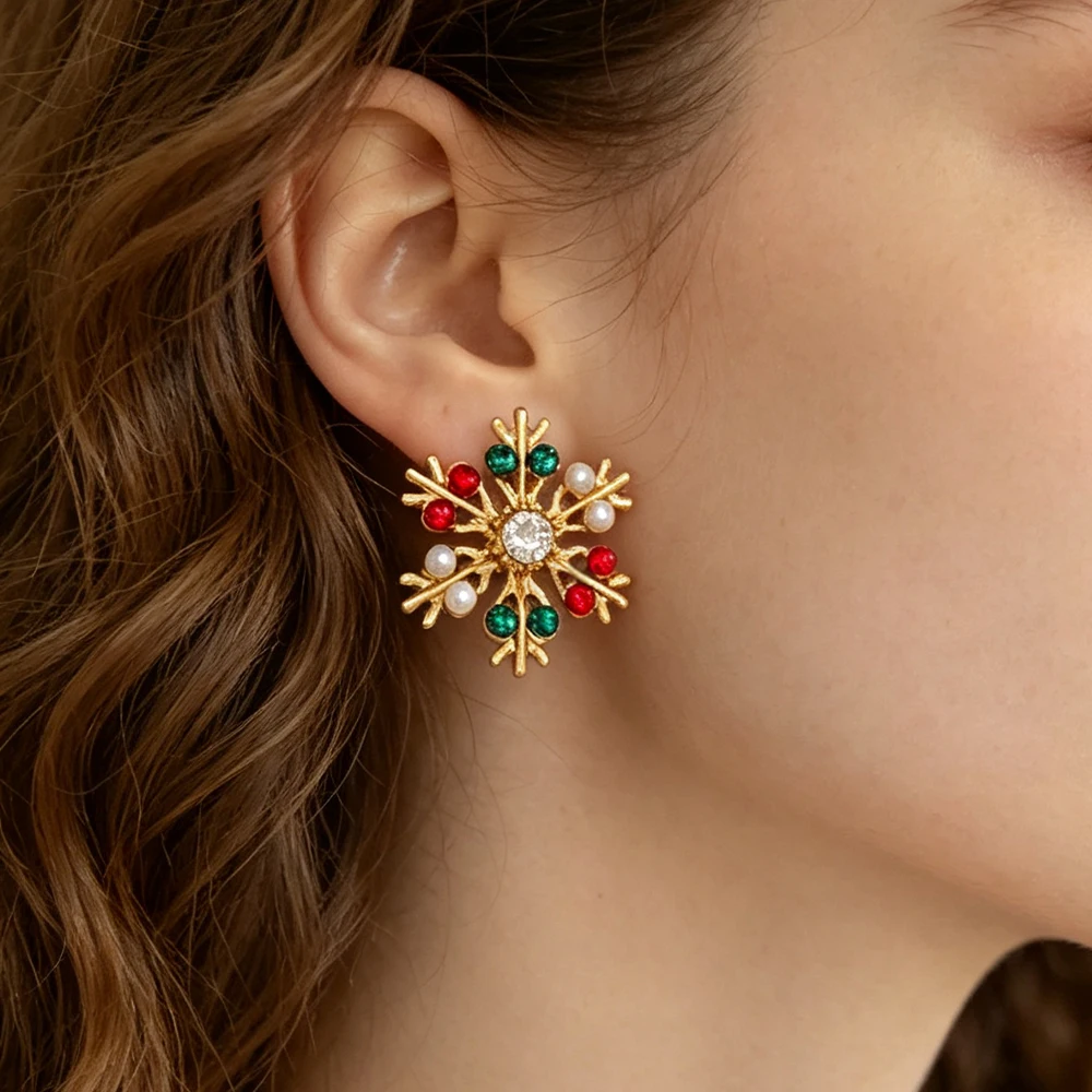 Christmas Snowflake Earrings, Red and Green Colored Diamonds, Imitation Pearls, Golden Snowflake Earrings, Festive Atmosphere Earrings for Women