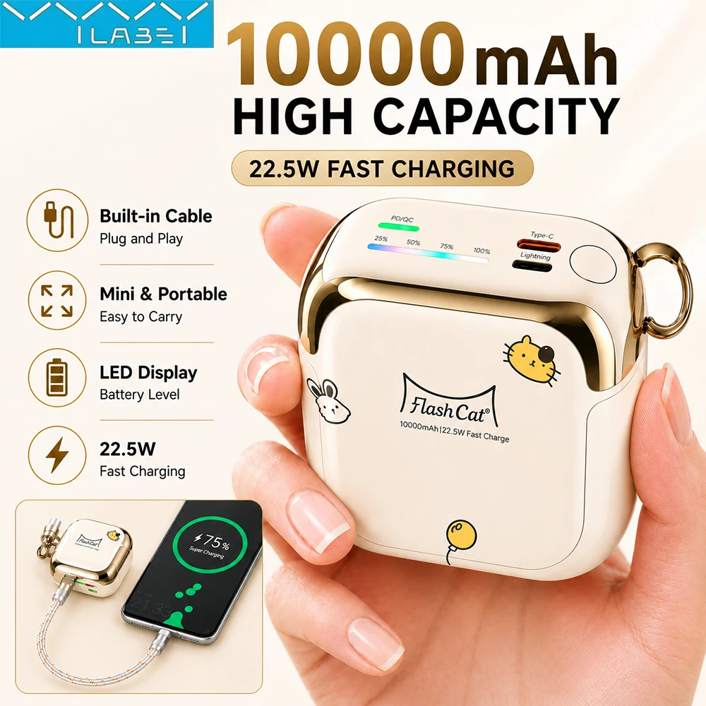 Vyvylabs CCC 10000mAh Mini Niedliche Powerbank 22,5W PD Schnellladung Umschaltbares Lightning Type-C Kabel für iPhone Samsung AirPods