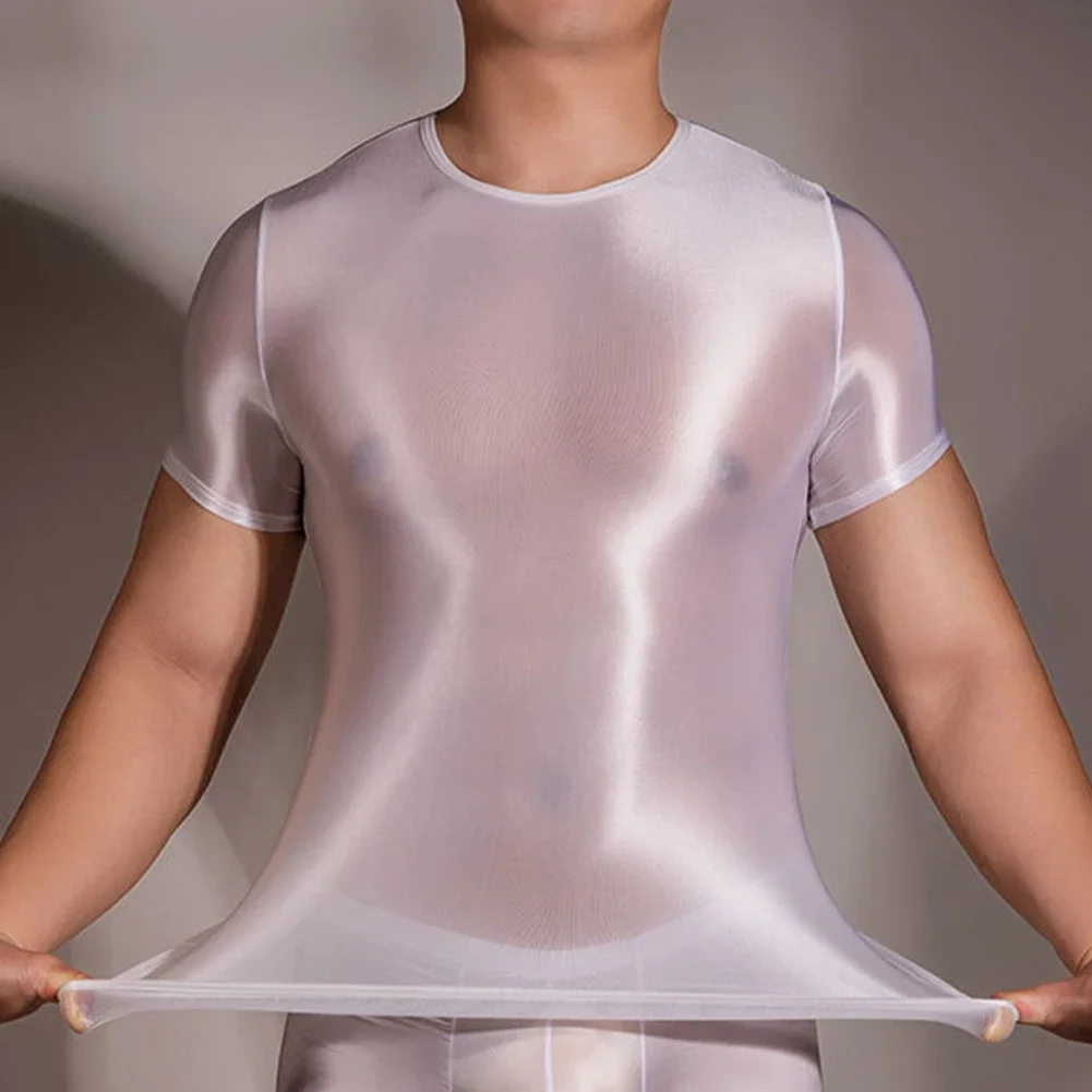 Men Sheer Oil Shiny T-shirts See Through Tops Male Sexy Transparent Tee Ultra-Thin Stretch Pullovers Erotic Pajamas Nightwear