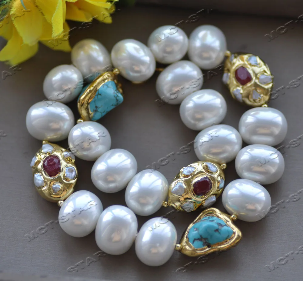 MTC·STAR Z12400 20'' 26mm Red Agate Blue Turquoise Gold plated White Shell Pearl Necklace