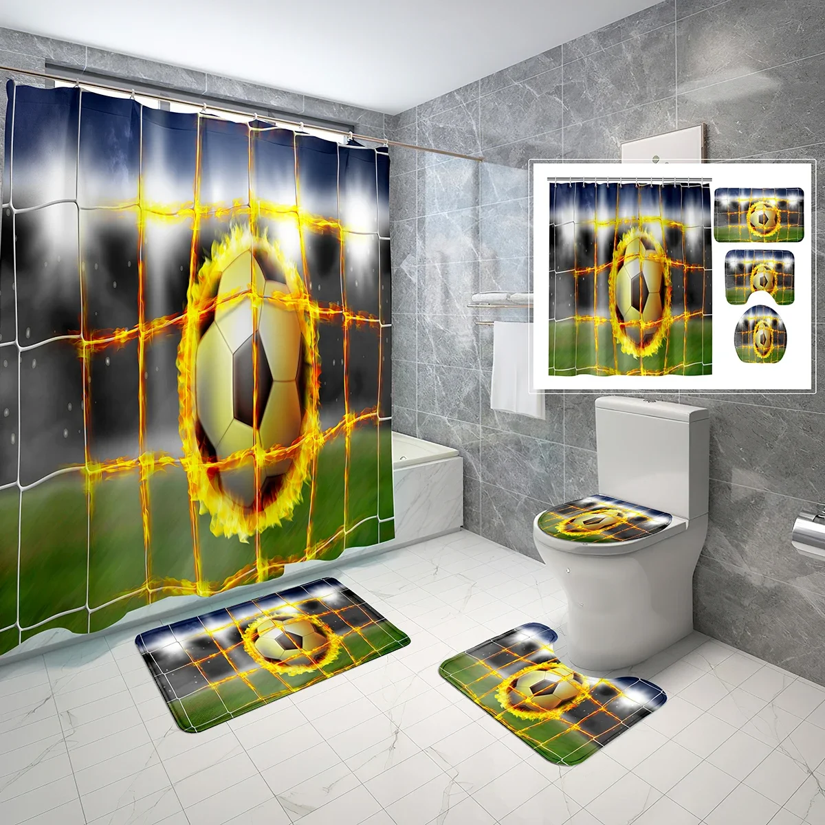 4 Pcs Soccer Shower Curtain Sets Art Sport Lawn Football Field Non-Slip Bath Mat Toilet Cover Waterproof Shower Curtain Set