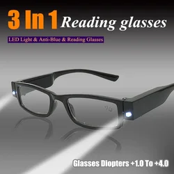 LED Reading Glasses with Light Reading Glasses Women Men Fashion Eyeglasses Full Frame Reading Glasses Diopter +1.0 +2.0 To +4.0