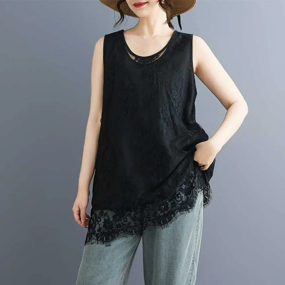 Fashion Lace Trim Vest Solid Tone Slimming Effect Solid Color Garment Mid Length Wide Size Mid Length Top Cafe Meet Gather