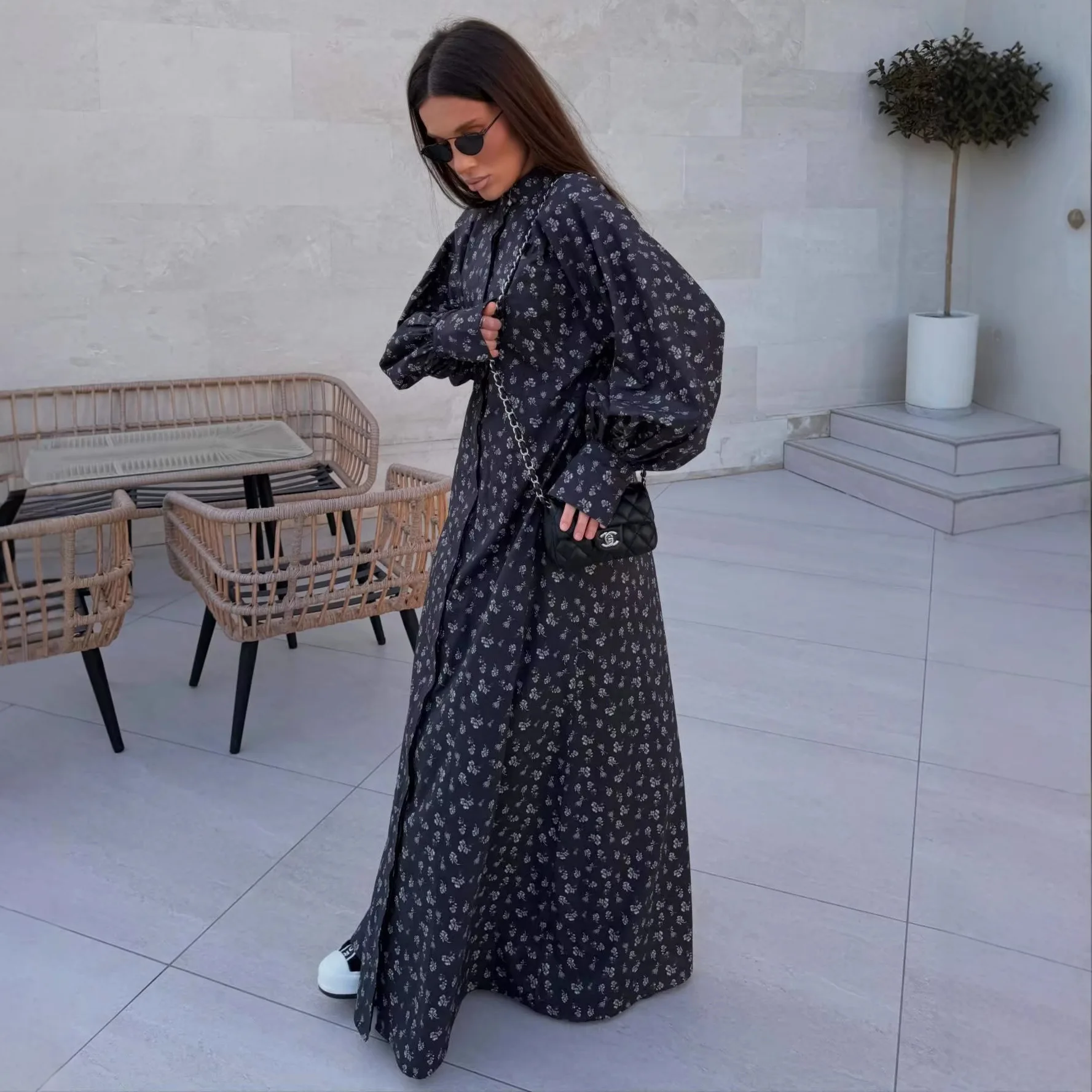

2026 Spring Women's Elegant Floral Print Long Sleeve Shirt Maxi Dress Free shipping