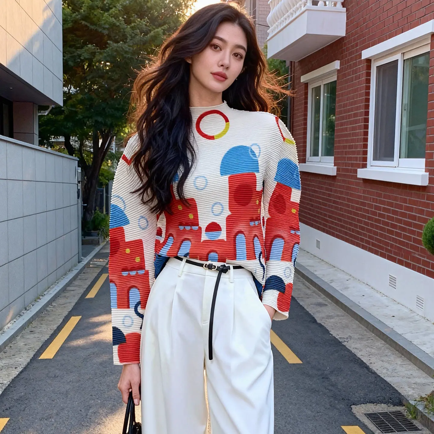 미야케 폴드 2026 신상 봄가을 패션 프린팅 긴팔 티셔츠 여성용 만화 패턴 슬림 이너 셔츠 탑